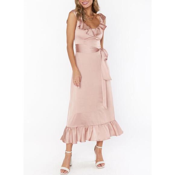 Show Me Your Mumu Alexis Midi Dress Rose Gold Luxe Satin Bridesmaid XS -  threedaughtersproperties.com